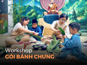Các bé được nhân viên Lambo hướng dẫn workshop gói bánh Chưng