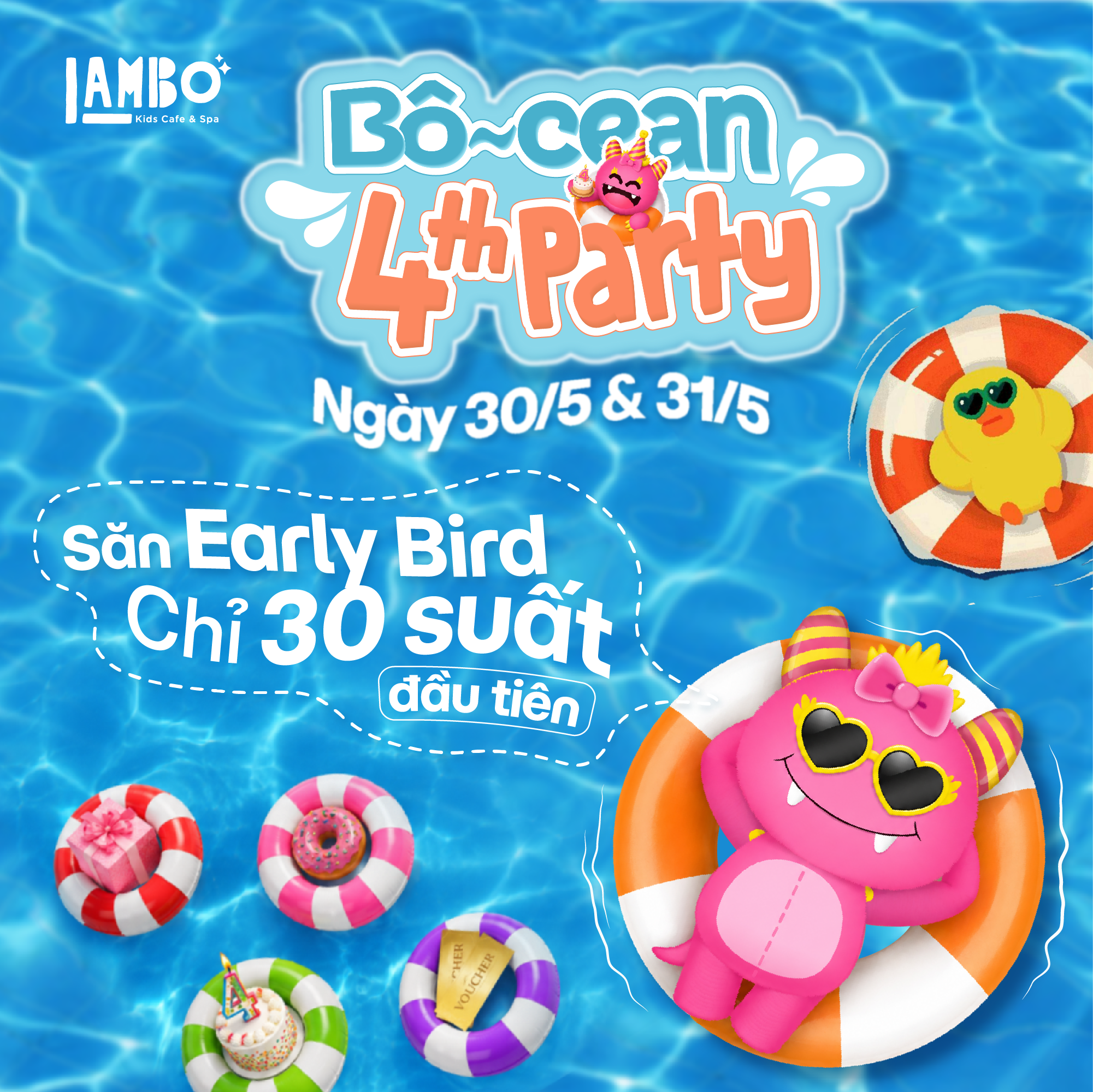 Poster sự kiện 1/6 cho bé Bô-cean 4th Party tại Lambo Kids Cafe ngày 30/5 và 31/5