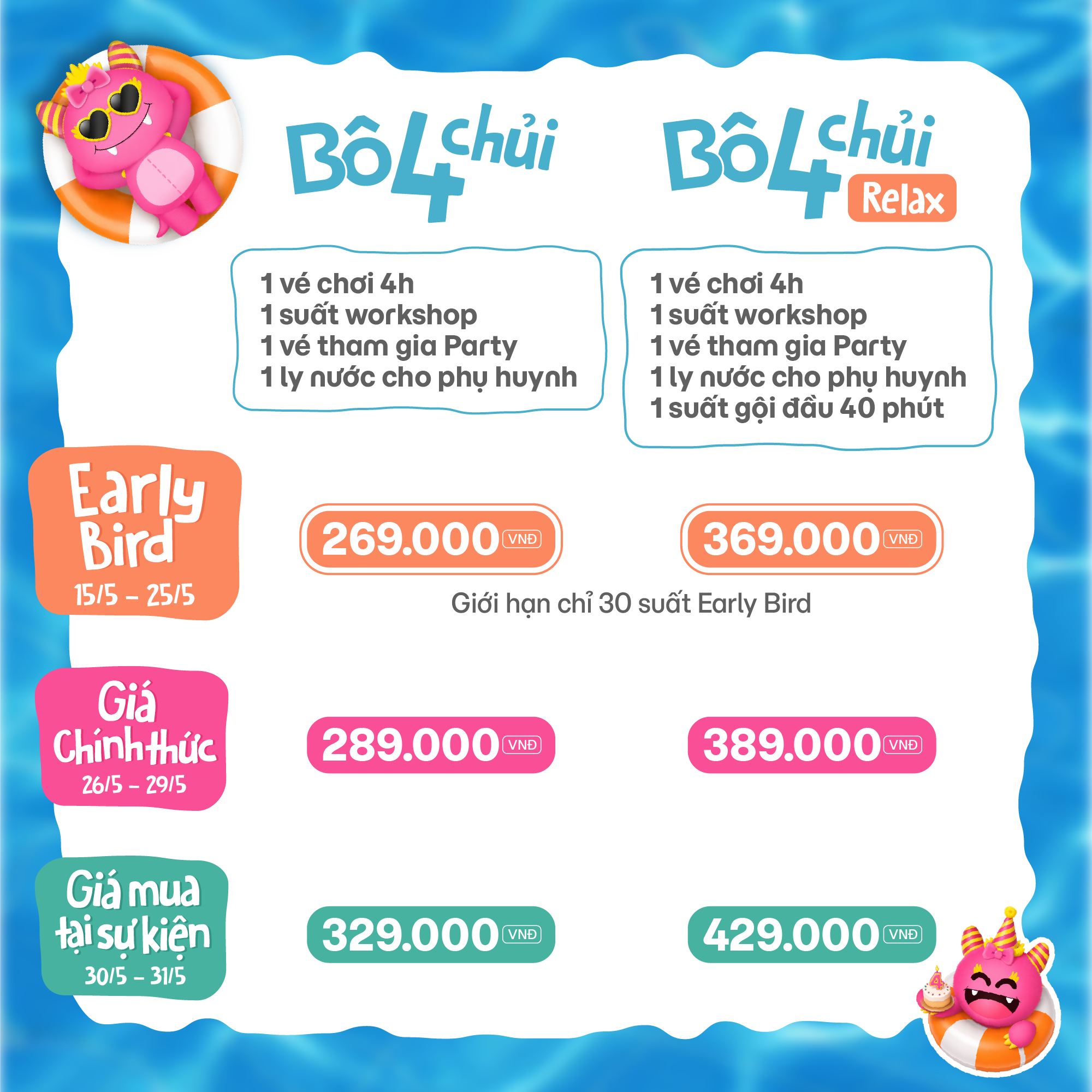 Bảng giá vé Early Bird sự kiện 1/6 cho bé Bô 4 chủi tại Lambo Kids Cafe